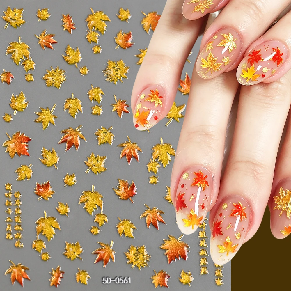 1pcs 5D Embossed Autumn Maple Leaf Nail Stickers Golden Orange Fall Leaf Self‑Adhesive Nail Decals DIY Manicure Nail Accessories