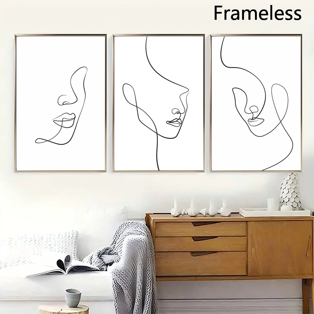 2D Flat, Set of 3 Unframed Contemporary Wall Arts, Abstract Face Canvas Paintings, Continuous Line Drawings, Black and Whit