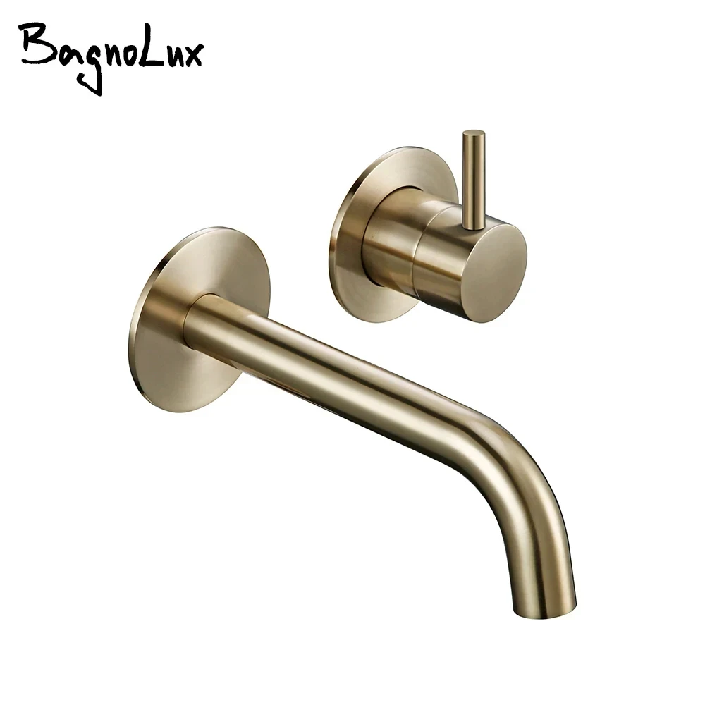 Bagnolux Brass Single Holder Control Double Hole Brushed Gold Wall Mounted Hot And Cold Water Mixed Type Bathroom Basin Faucet
