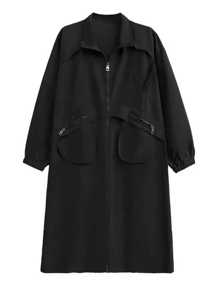 여성 육군 녹색 포켓 빅 사이즈 롱 트렌치 새로운 스탠드 칼라 긴 소매 윈드 브레이커 패션 봄 가을