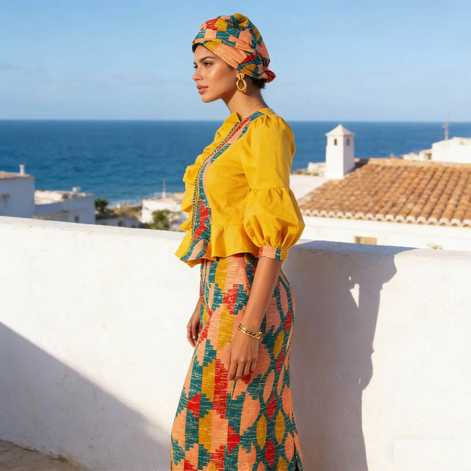 Conjunto de falda africana para mujer, Top con volantes y manga acampanada a la moda y falda delgada, Vestidos con diadema, vestido de novia Dashiki 2526066