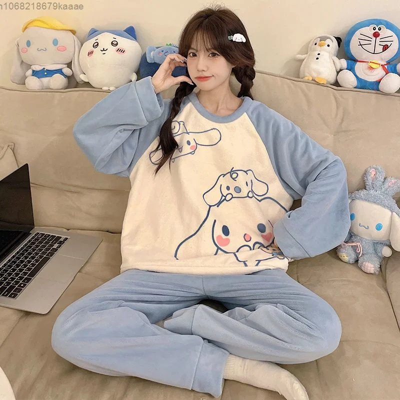 Sanrio Kuromi Cinnamoroll Cartoon Coral Plush Pajamas Sweet Cute Warm Sleepwear Women Autumn Winter New Thicken Flannel Home Set