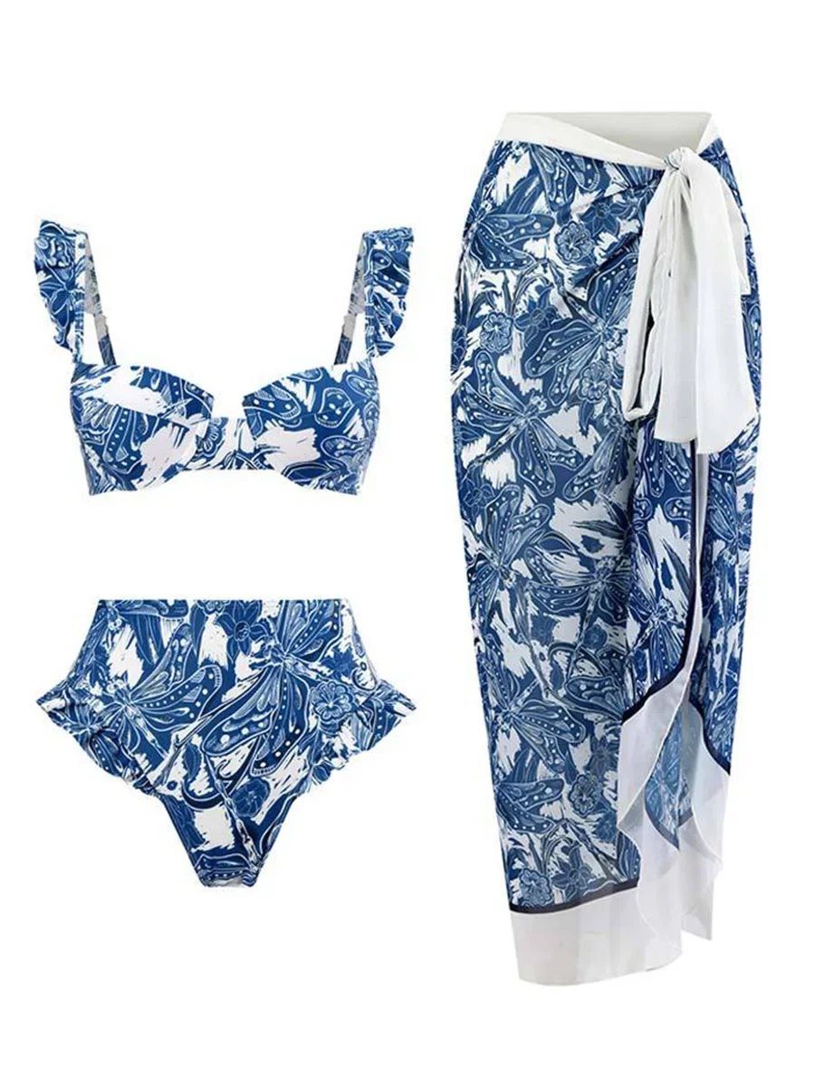 3 peças push up bikini 2024 cintura alta maiô & saia sexy plissado banho feminino natação terno de natação feminino beachwear