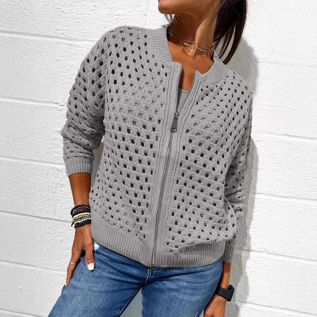 2026 Autumn New Women's Sweater Zipper Cardigan Hollow Long-sleeved Jacket Grid Round Neck Cardigan Printed Jacket Coat chaqueta