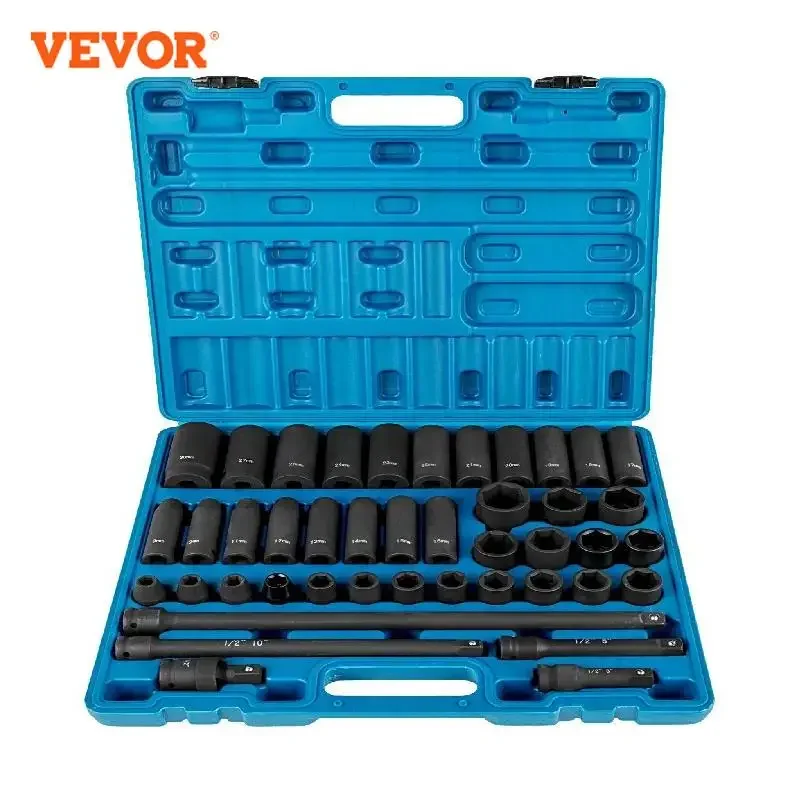 

VEVOR 43PCS Impact Socket Set 1/2 Inch ASE Standard 19PCS Deep 6-Point Extension Bar With Carrying Case for Remove Wheel Lug Nut