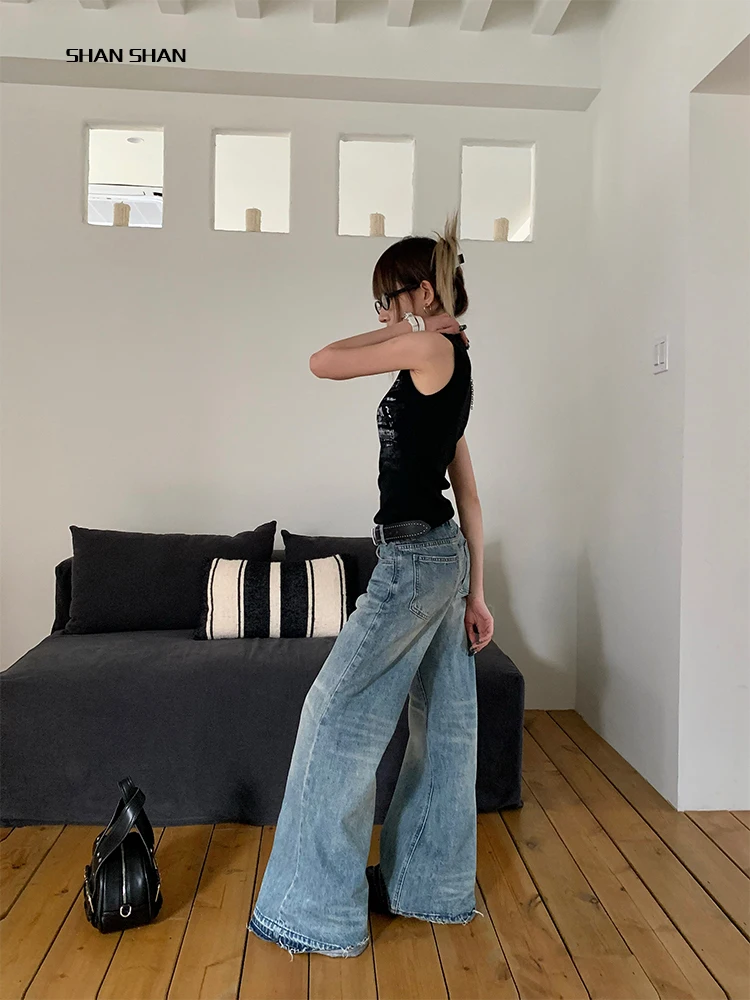 Yedinas Streetwear Jeans Women Wide Leg Pants Denim Trousers Korean Fashion Hip Hop Vintage Designer Y2k Blue Washed Jeans Chic