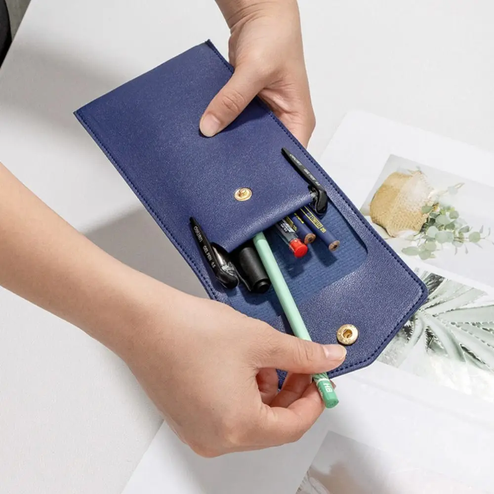 Vintage Snap Button PU Leather Pen Case Pocket Pen Pouch Mini Stationery Organizer Bag For Students Office Women Men Business