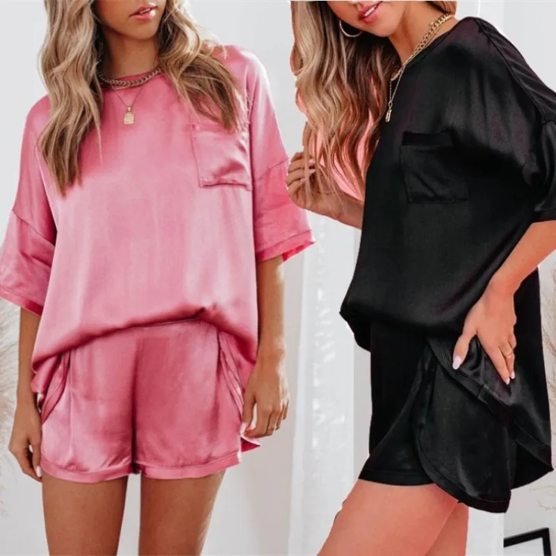 Womens Pajamas Sets Satin Silk Pyjamas Pocket Famale Pijamas 2 Piece PJ Set Loungewear Short Sleeve Shorts Sleepwear Nightwear