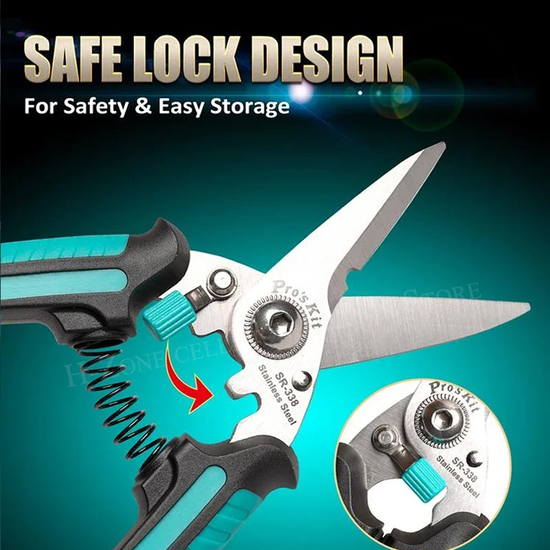 

Pro'skit SR-338 Многоцелевые ножницы Rvs Cut Kabel Strip Draad Ijzer Netto Lederen Sterk Duur 3) Antislip Huishoudelijke Tool