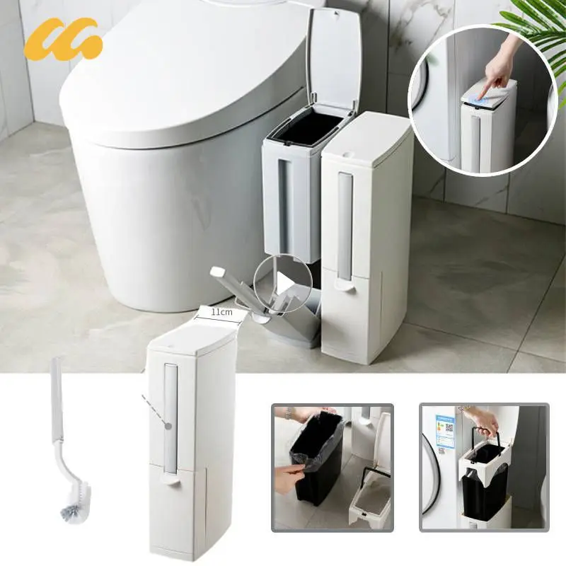 Narrow Trash Can Toilet Brush Set Press Type Open Cover Japanese Bathroom Dustbin Kitchen Garbage Bin Household Cleaning Tools