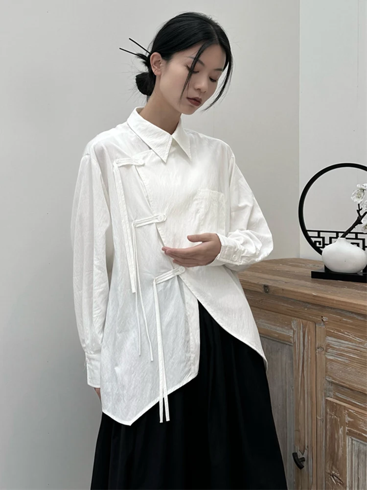 

White Buckle Irregular Blouse Women Clothing Spring Autumn New Lapel Long Sleeve Loose Fit Fashion Loose Casual Shirt Women Top