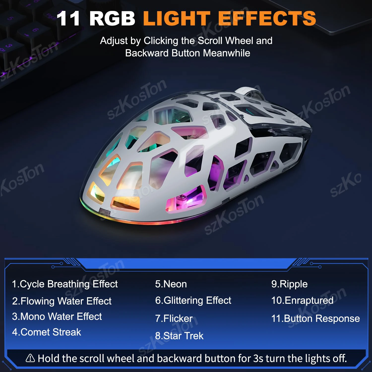 ماوس ألعاب 3 في 1 ثلاثي الوضع ماوس لاسلكي 11 أضواء RGB قابلة للتعديل DPI شفافة على شكل قرص العسل لنظام التشغيل Windows PC Mac