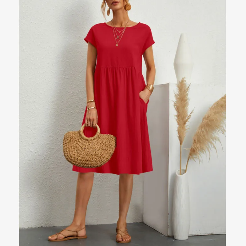 Summer women's cotton short sleeved round neck pocket A-line skirt new casual elegant solid color pleated knee length skirt