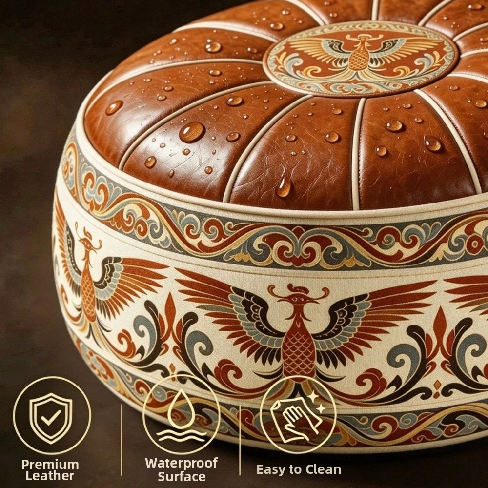 Retro Ethnic Style Sofa Stool Cover Phoenix Pattern PU Leather Pouf Cover Foldable Unfilled Storage Ottoman Bedroom
