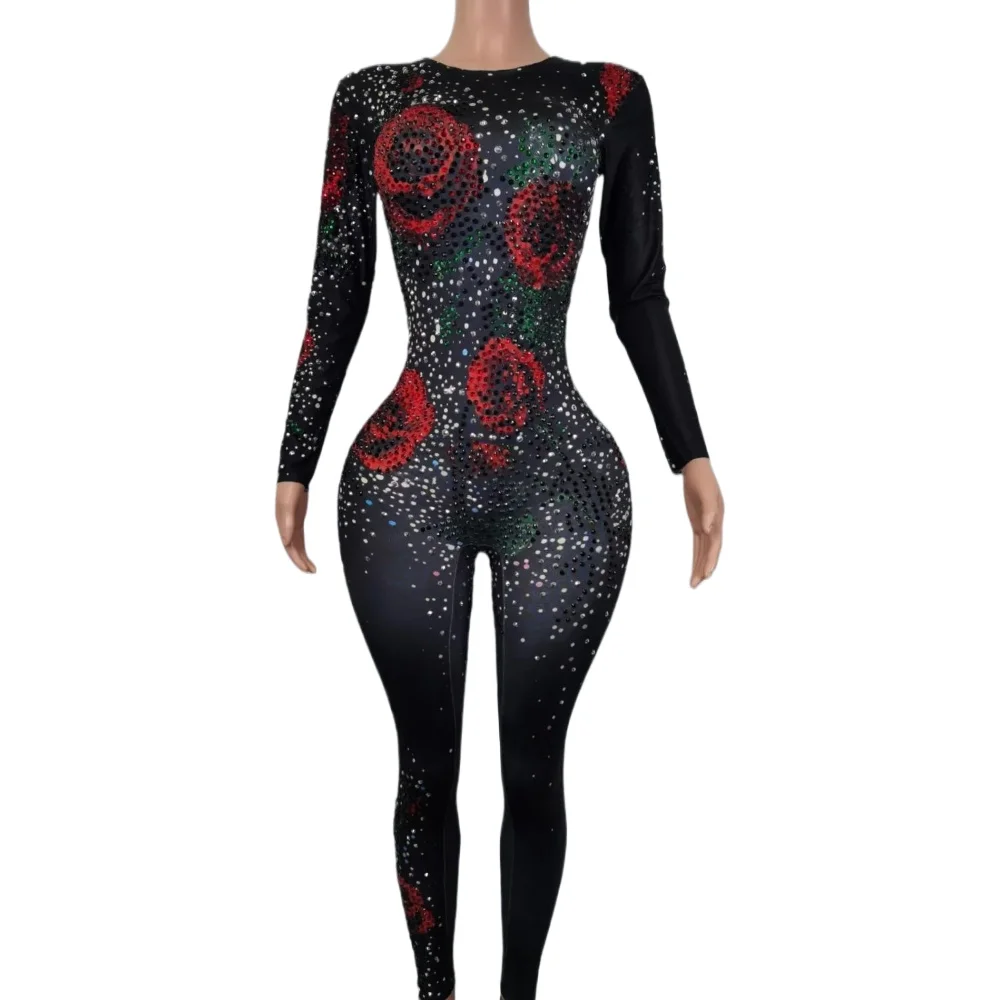 Rhinestone Rose  Jumpsuit Dance costume Women Sexy Birthday Celebrate Party Shapely Bodysuit Stage Performance Wear