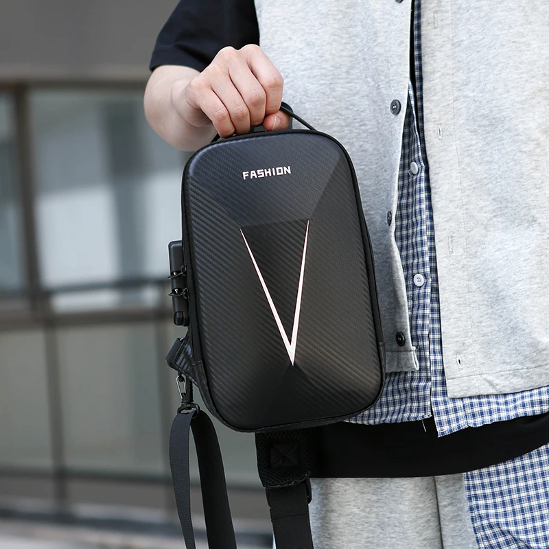 Men Sling Bag Theft Proof Code Lock Water Repellent Carbon Grain Rigid Shell Chest Bag with Mesh Strap for Daily Commute Travel
