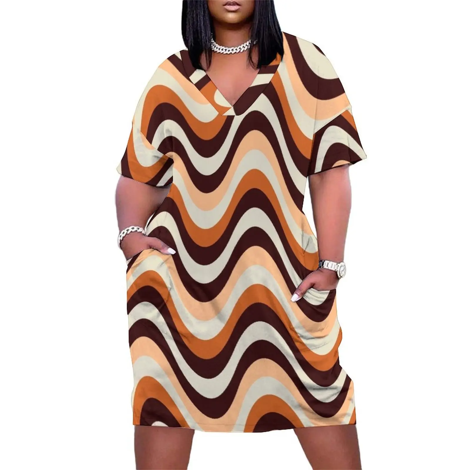 

Retro 60s 70s Wavy Lines Bohemian Loose Pocket Dress dress party night dresses for woman