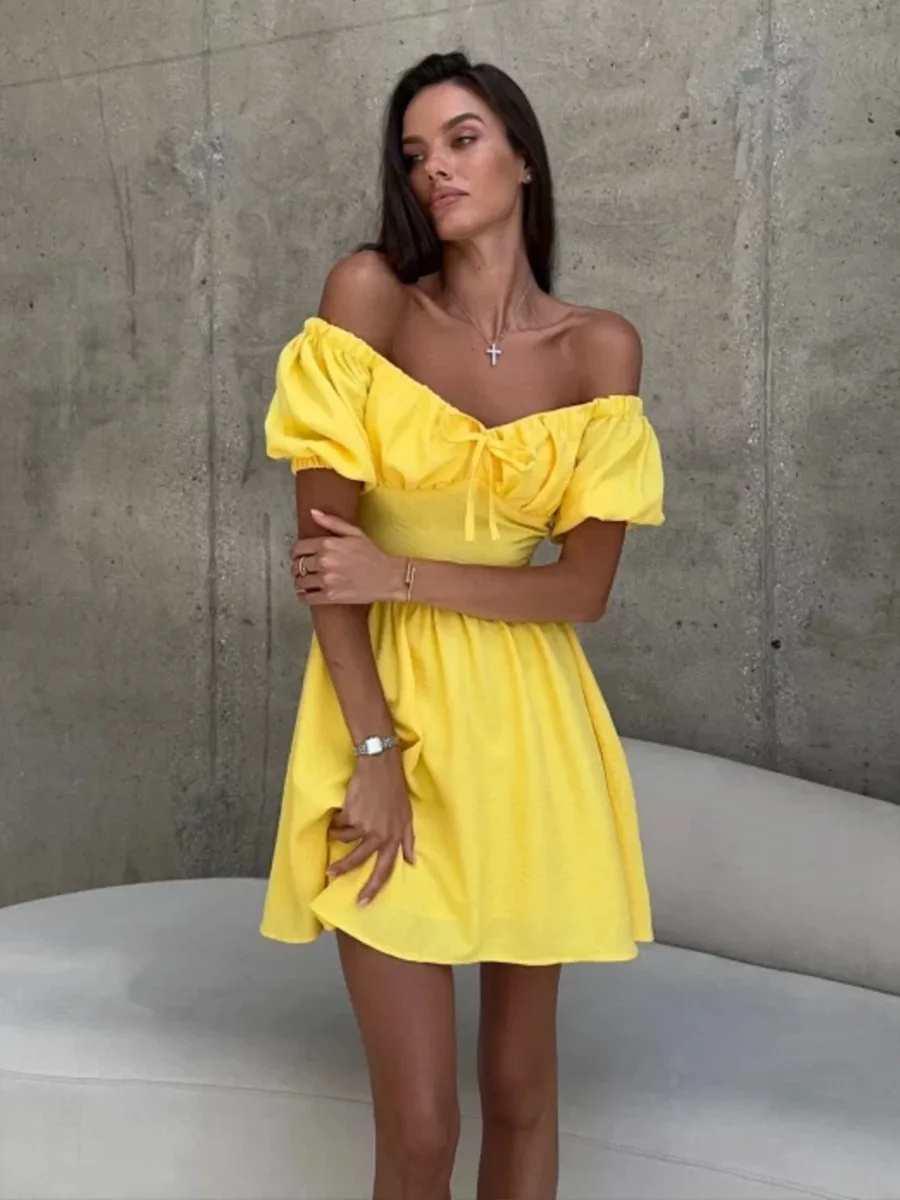 Blubelle One Shoulder Short Sleeved Dress Women's Summer New Lace Up Waist Cinching Short Skirt Fashion Bubble Sleeve Dress