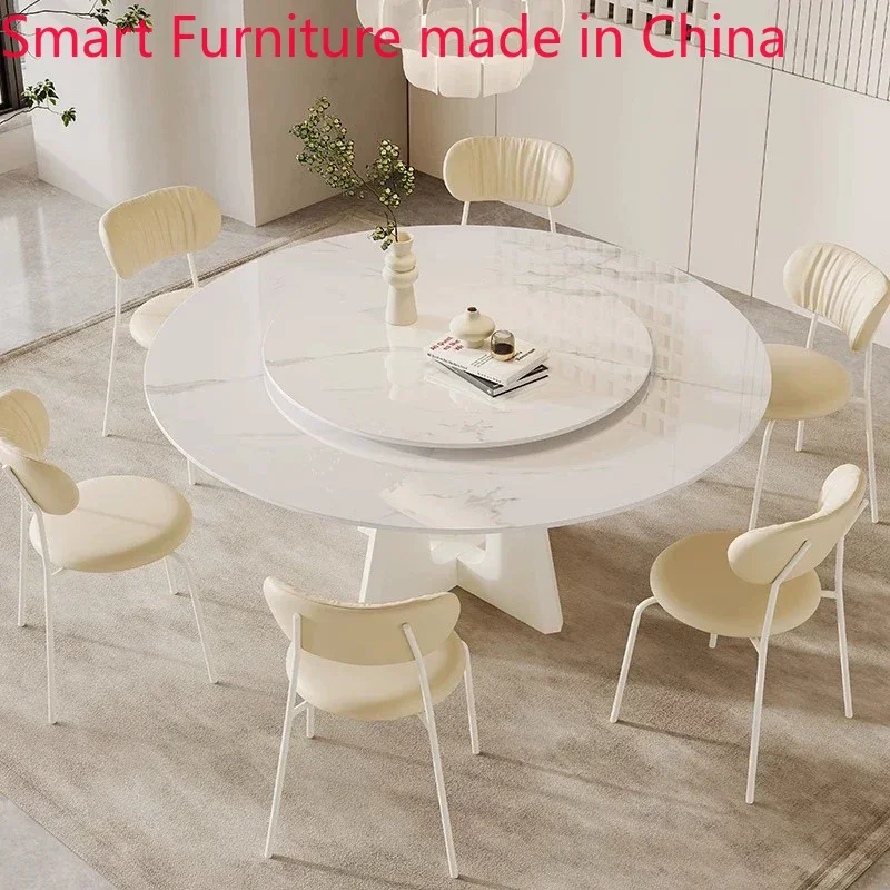 Cream wind rock plate round dining table and chair combination household customized living room modern simple white dining table