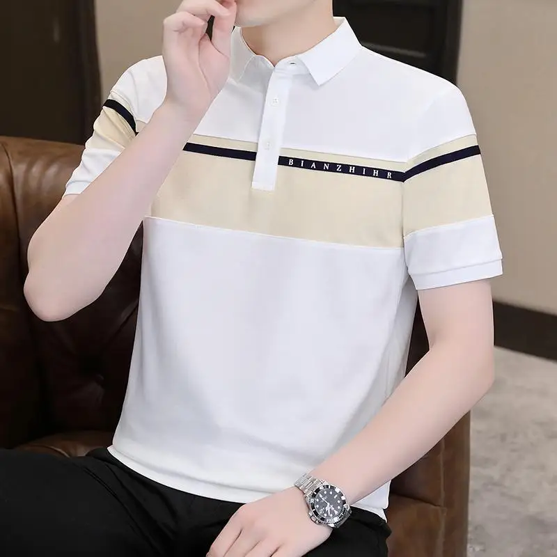 

Stylish Patchwork Letter T-shirts Summer Short Sleeve Men's Clothing Lapel Button Business Casual Contrasting Colors Polo Shirts