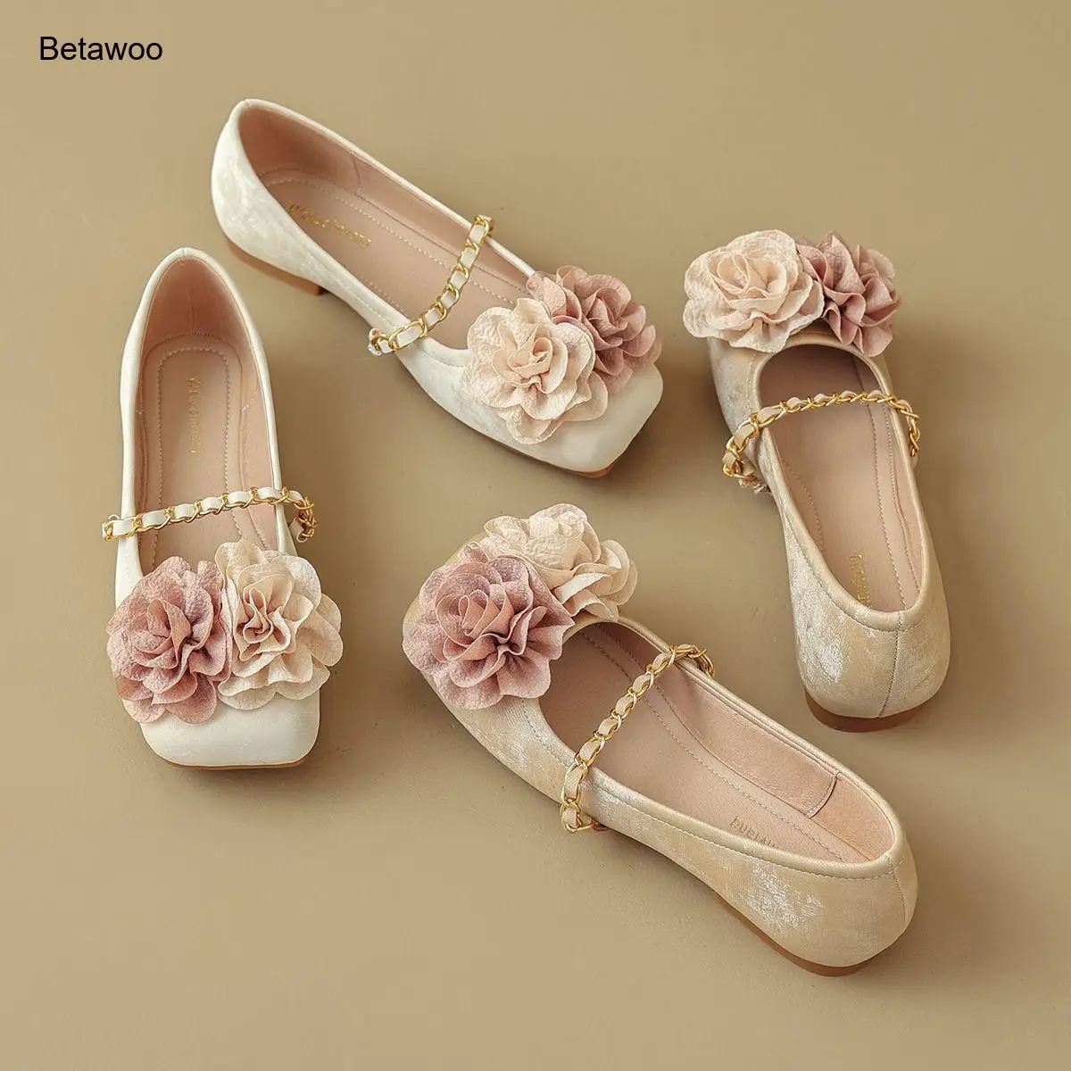 Women Floral Mary Jane Flats Square Toe Pearl Chain Slip On Comfortable Soft Sole Elegant Daily Shoes for Ladies