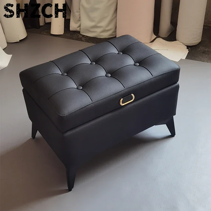 Solid Wood Storage Ottoman, Large Capacity Home Sofa Box, Movable Leather Bed End Bench, Wear-Resistant Entryway Shoe Stool