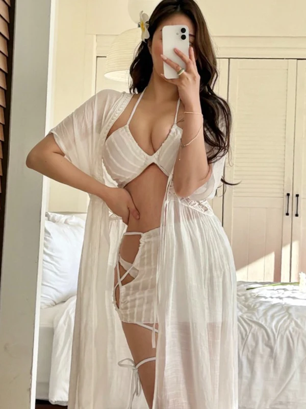 

Сексуальный белый комплект бикини из трех предметов: женский купальник без бретелек с вырезами, для термальных источников и пляжа, с подкладкой для груди