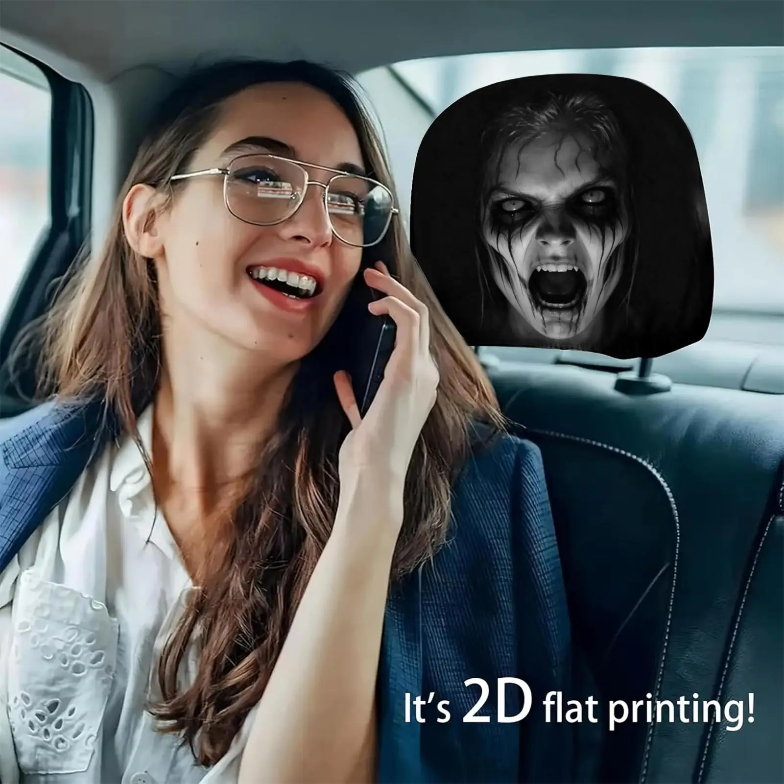 Scary Car Headrest Covers 2 Pieces Universal Spooky Ghost Face Breathable Car Headrest Cover For SUVs Trucks Halloween Trip
