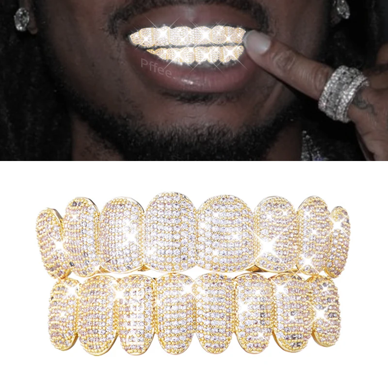 Pffee Hip Hop denti Grillz strass Iced Out argento placcato oro 18 carati grillo Rapper gioielli griglie per uomo donna