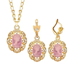 6 Colors Lady Queen Cameo Jewelry Sets For Women Gold Color Flower Pendant Crystal Fashion Necklace Earring Jewelry