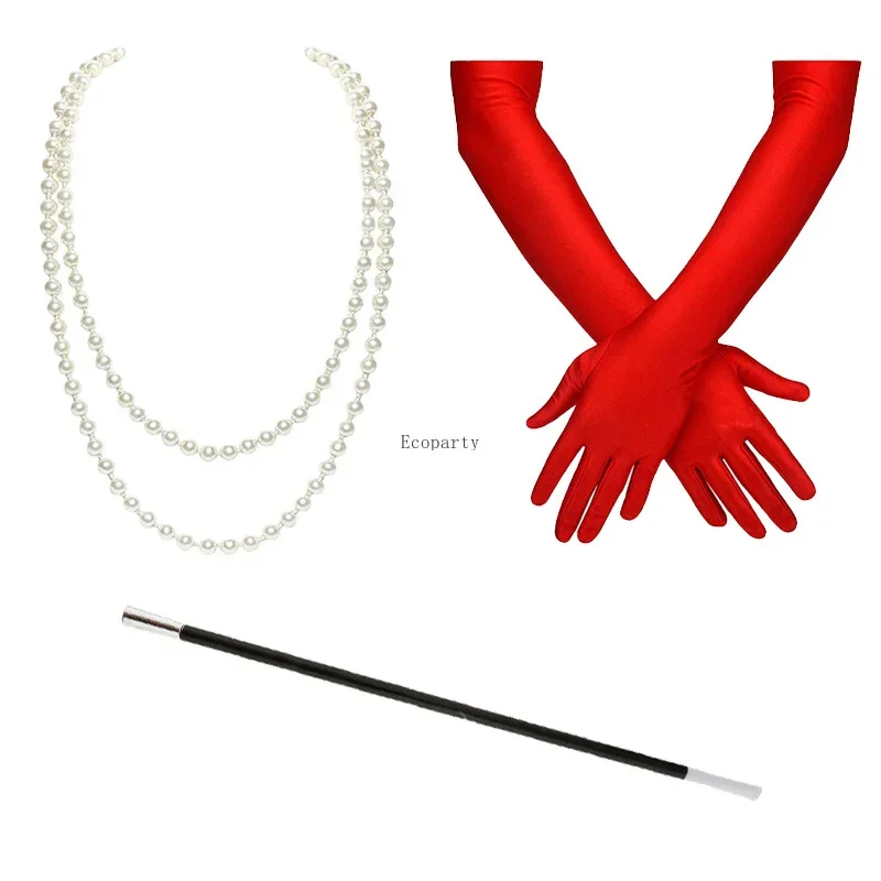 Drop Shipping 1920s Vintage Party Suit Naszyjnik na wieczór panieński Rękawiczki Smoke Pole 3-częściowy zestaw damski Garnitur na imprezę Cruella Disfraz
