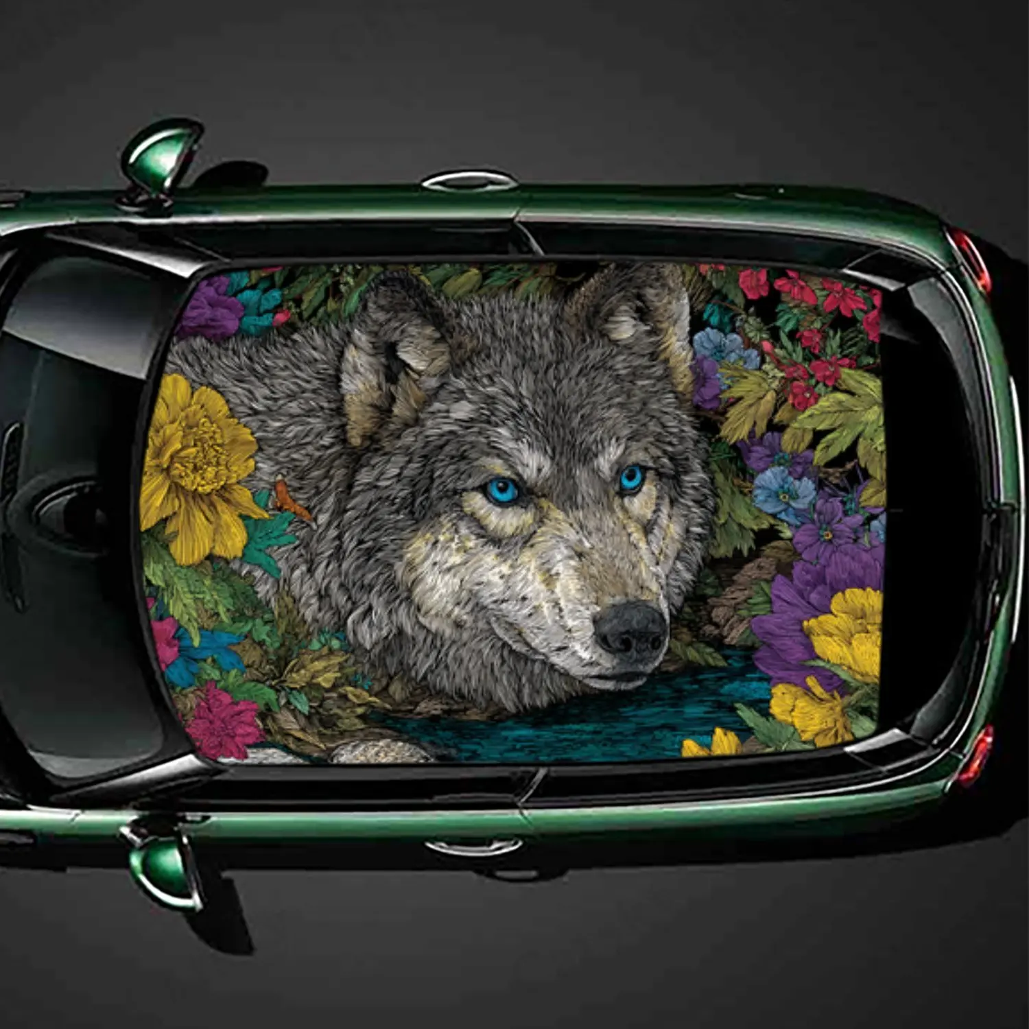 

Artistic Wolf & Flower Car Roof Vinyl Wraps Sticker, Auto Decal, Artistic Vehicle Decoration, Self-adhesive Waterproof Car Exter
