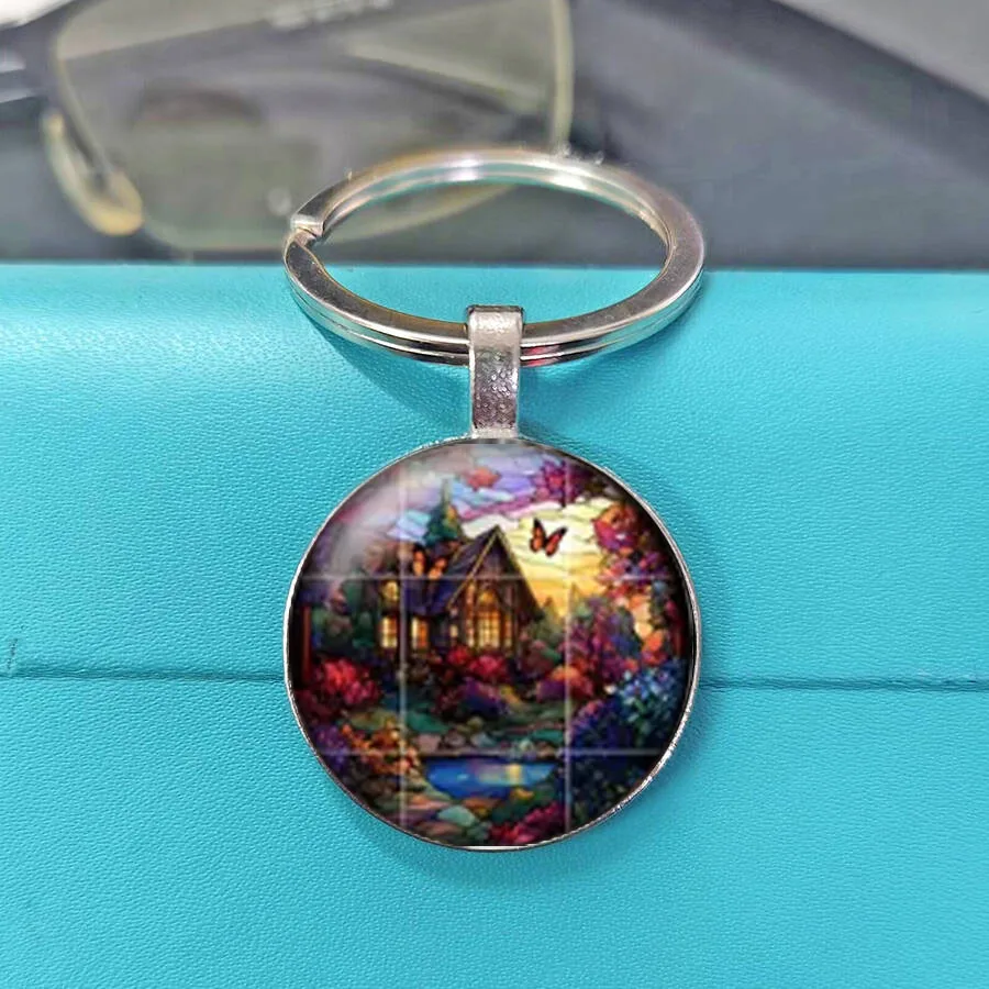 New Soft Pastel Creek Mountain Landscape Keychain Warm Golden Sunset Meadow Floral Butterfly Key Holder Rural Daily Gift