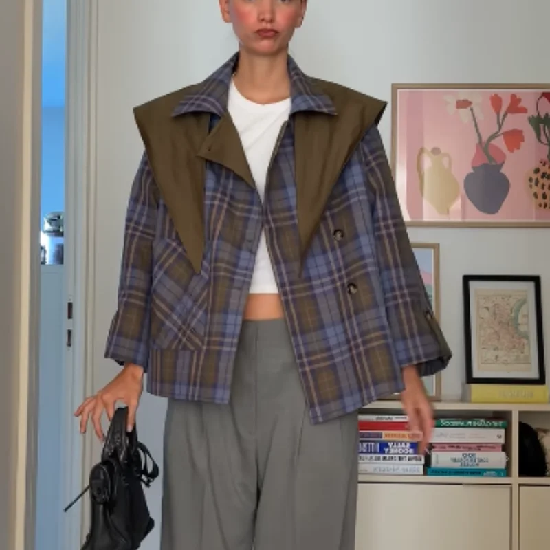  Fashion Double Sided Grid Jacket Women's Loose Lapel Long Sleeve Single-breasted Pocket Coat 2025 Autumn New Lady Streetwear