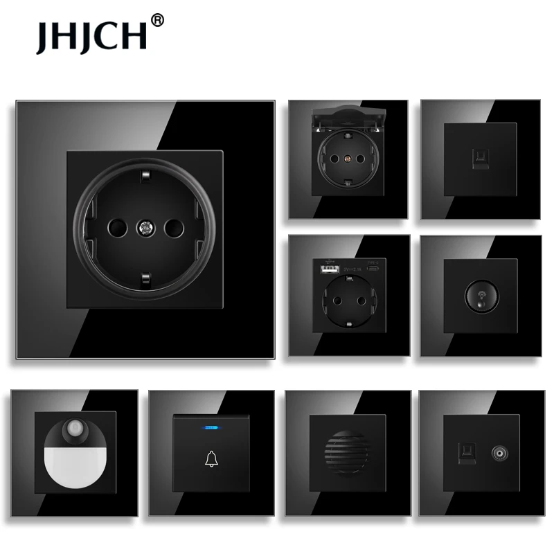 Jhjch Russia Spain power plug, 16a grounded power socket, with USB output, 86mm * 86mm glass panel