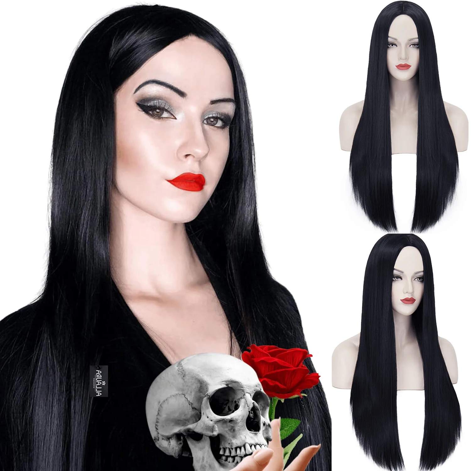 Long Black Wig for Morticia Addams Costume, Cher Costume Halloween Wig for 70s Party  Witch Costume Wig for Women