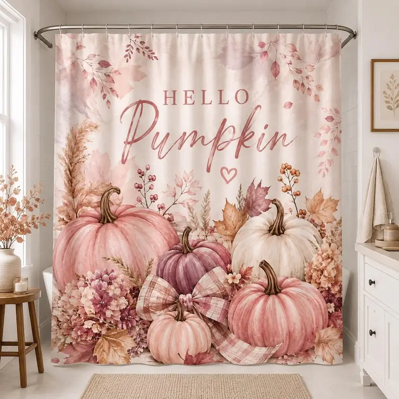 Hello Pumpkin Blanket or Shower Curtain, Pink Pumpkin Fall Decor, Autumn Floral Home Decor, Cozy Thanksgiving Gift for Her