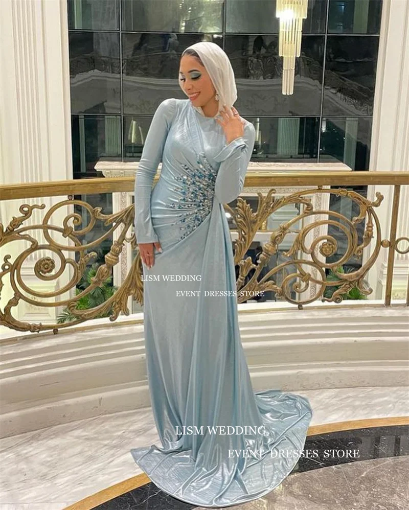 LISM Light Green Muslim Evening Dress Saudi Arabia Mermaid Sequin Prom Gown Long Sleeve Formal Occasion Party Dresses