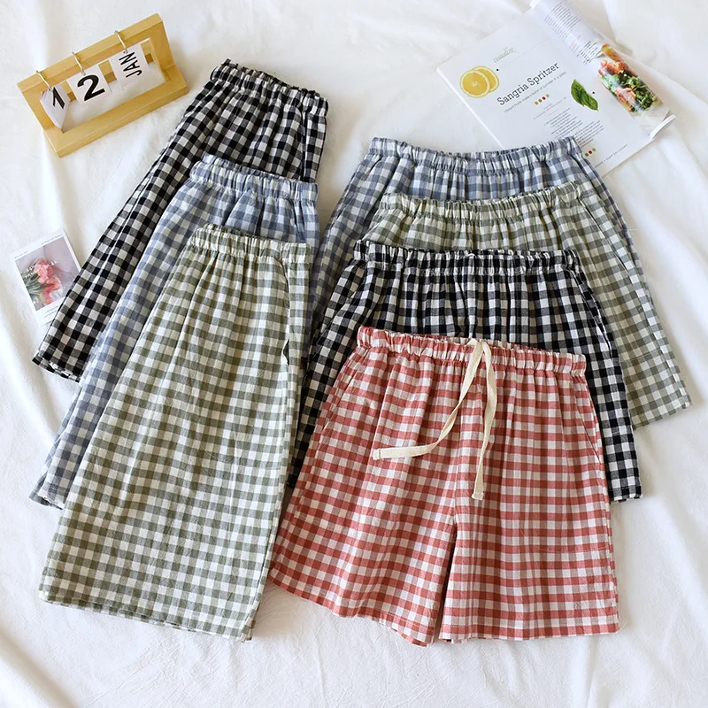 

Summer Cotton Plaid Couple Shorts Simple Casual Breathable Sweat-absorbing Thin Home Sleep Bottoms Elastic Waist Pajama Pants