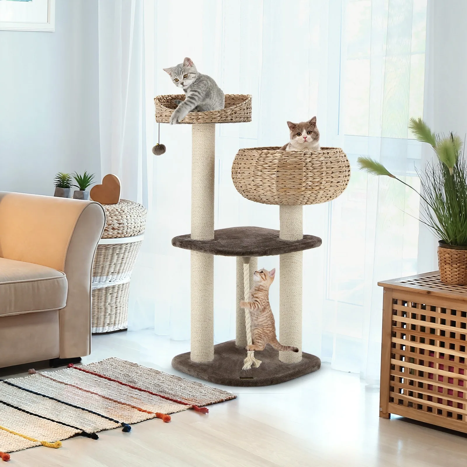 

41" Rattan Cat Tree Hand-Made Multi-layer Cat Activity Tower with Napping Perch