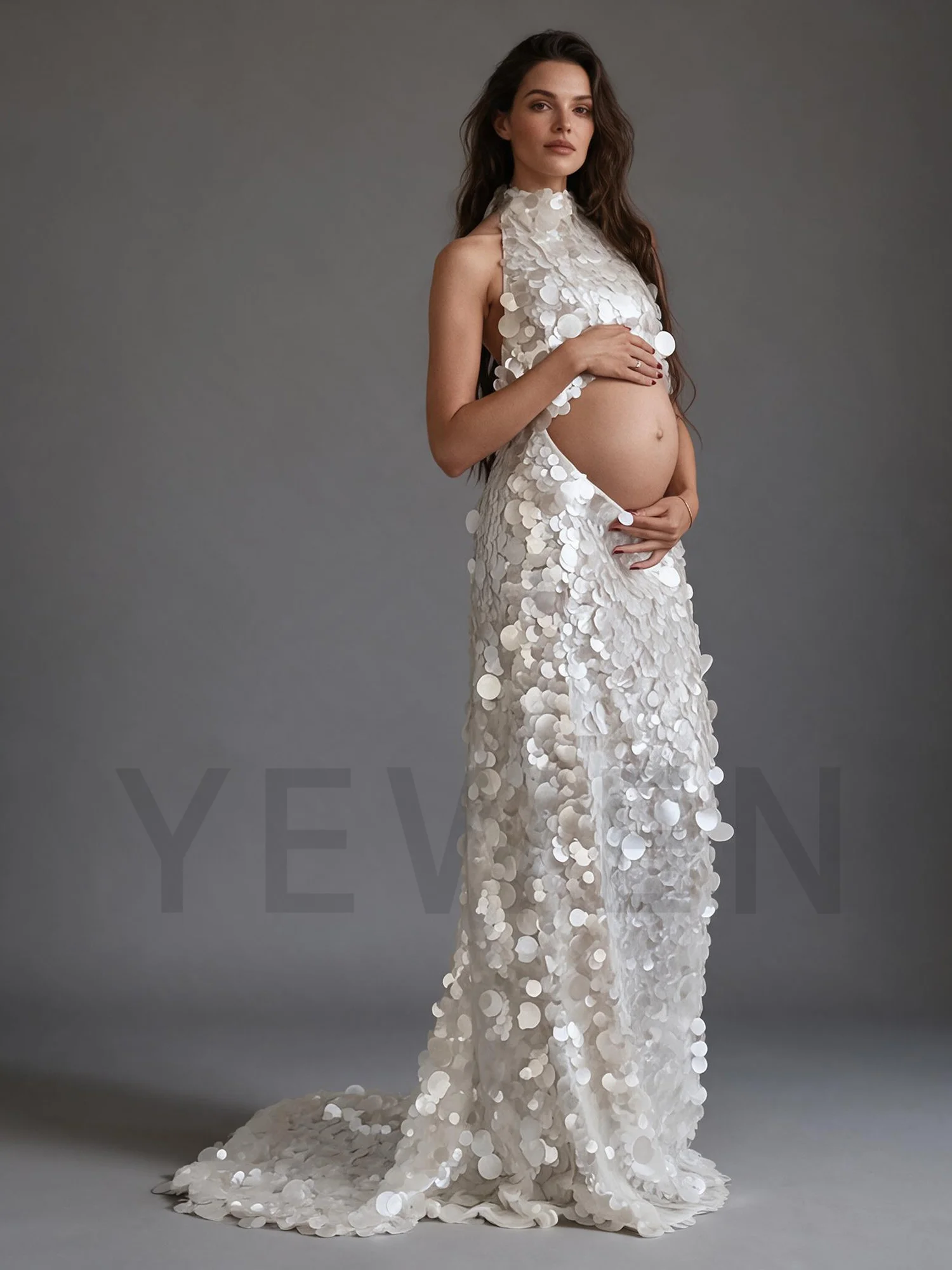 Sequin Halter Belly Cutout Pregnant Women Maternity Gown Baby Shower Dress YW2609233