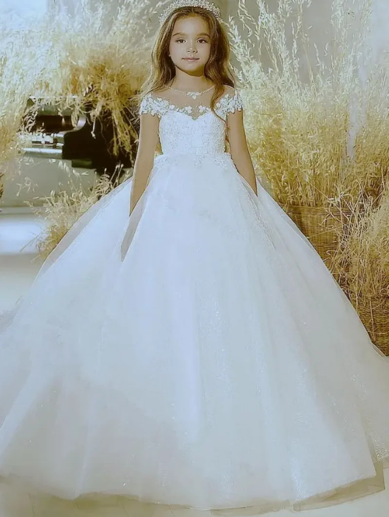 

Lace Appliques First Communion Dress White Puffy Tulle Flower Girl Dresses For Wedding Ball Gown With Bows Princess Gowns