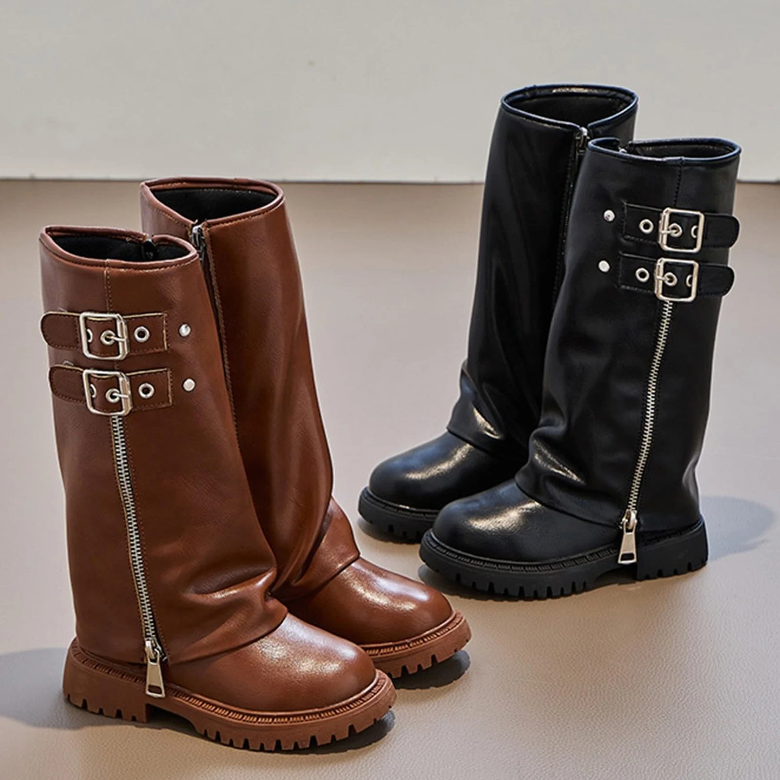 

Autumn Comfortable Anti Slip Zipper Fashion Kids Knee Boots Girls Outdoor Buckle Princess Boots Children's Pu Leather Boots