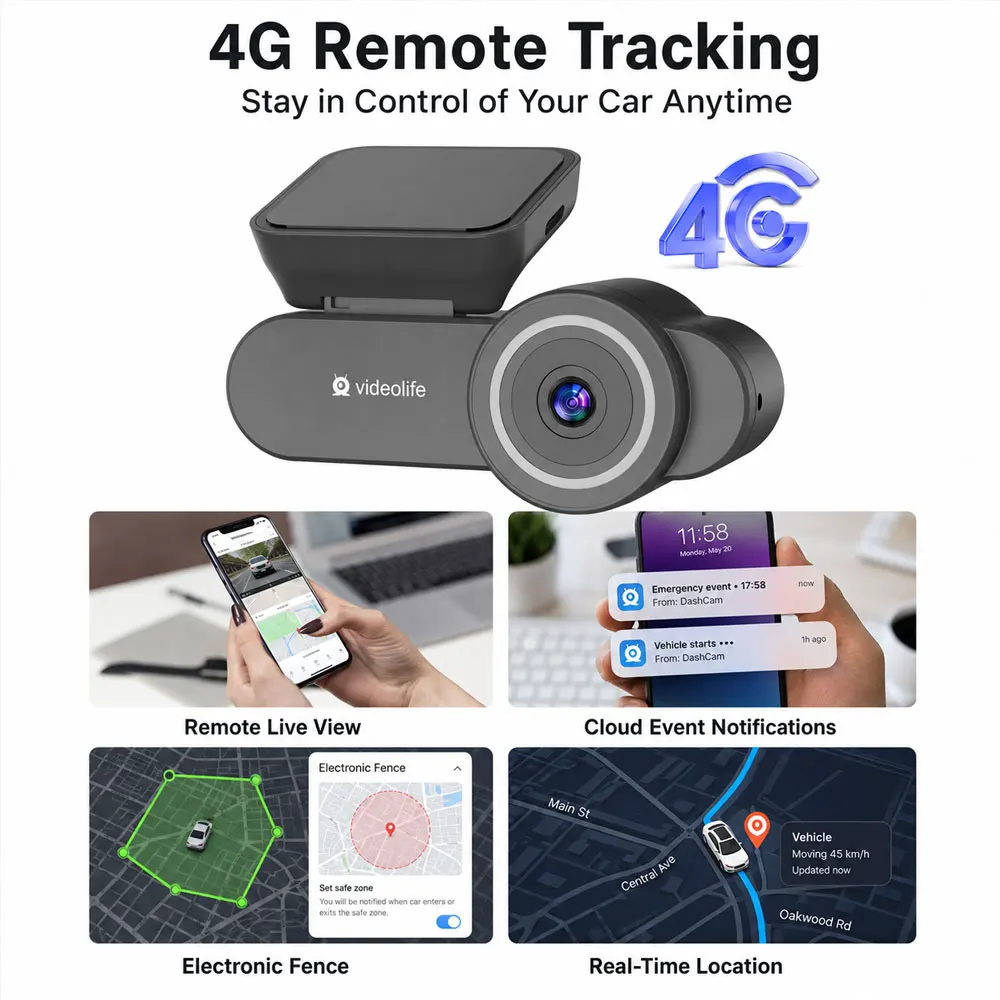 videolife FHD 4G Front Dash Cam140 Wide Angle Clear Night Vision 24H Parking Guard Car DVR Camera Mini Easy Install