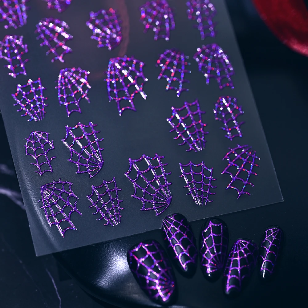 1 Blatt 3D Holographische Glitzer-Spinnennetz-Nagelaufkleber Halloween Glänzende Laser-Spinnennetz-Nagelsticker Selbstklebende Nageldekoration