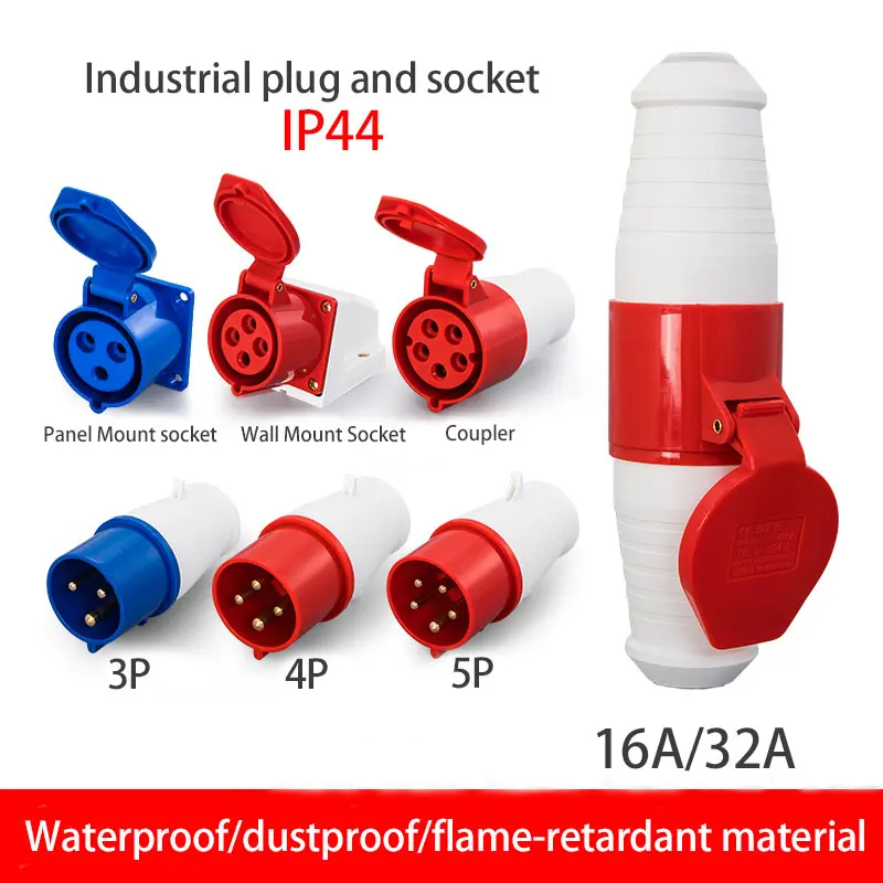 IP44 16A/32A Industrial Plug and Socket Waterproof Connector 3PIN 4PIN 5PIN Waterproof Electrical Connection Wall Mount Socket