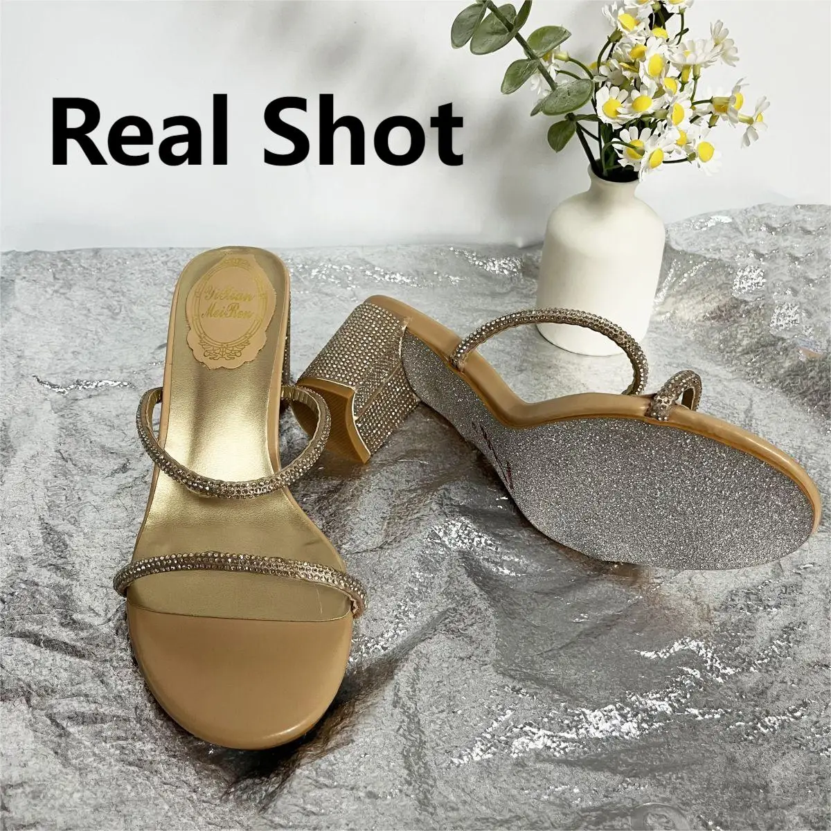 CHMURY Designer Luxury Gold Round Toe Block High Heels Rhinestone Crystal Mules Slippers Sandals Shoes Women Summer 2024 6.5cm