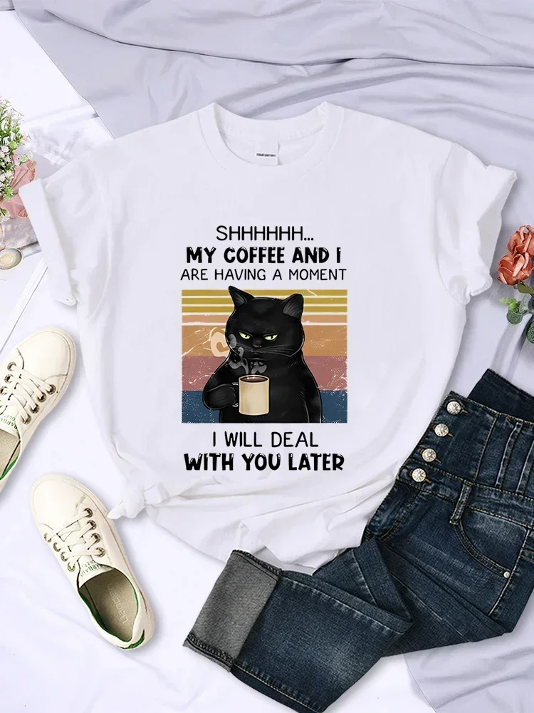 Women Black Cats and Kittens T-shirt Cat Lover Tops Fashion Funny Cat Let Me Pour You A Talk Glass of Get Over It Print T-shirts