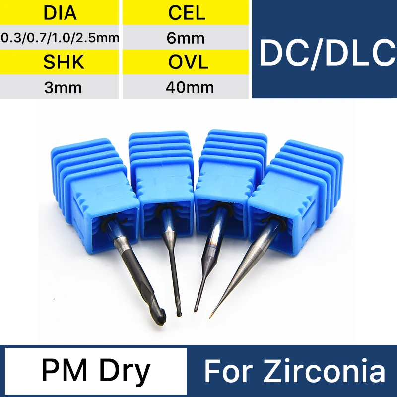 PM Dry Zirconia DC/DLC Milling Bur D3 0.3/0.7/1.0/2.5mm For PrograMill DRY Machine