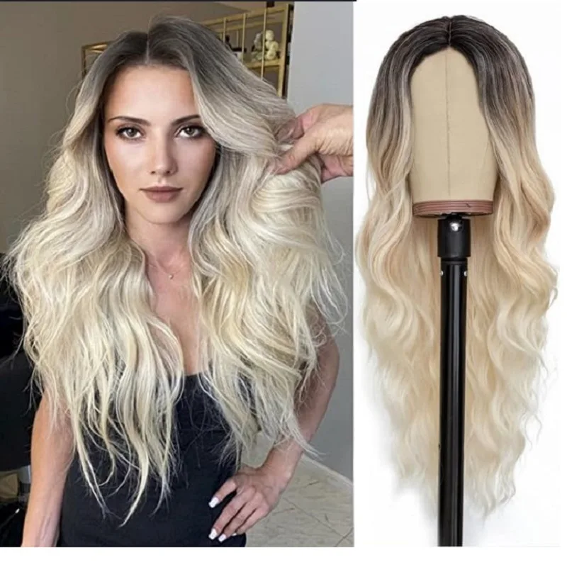 

European and American wigs female long curly hair medium distribution root gradual change color egg roll fluffy head cover wigs